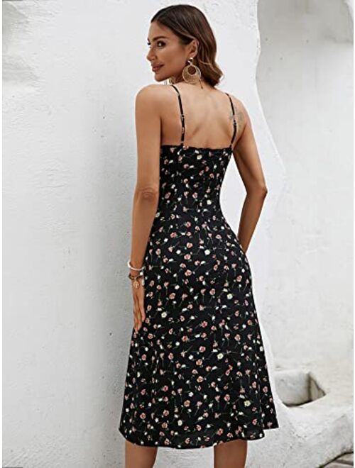 SOLY HUX Women's Summer Ditsy Floral Print Tie Front Split Hem Cami Dress Spaghetti Strap Midi Dresses