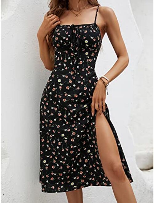 SOLY HUX Women's Summer Ditsy Floral Print Tie Front Split Hem Cami Dress Spaghetti Strap Midi Dresses