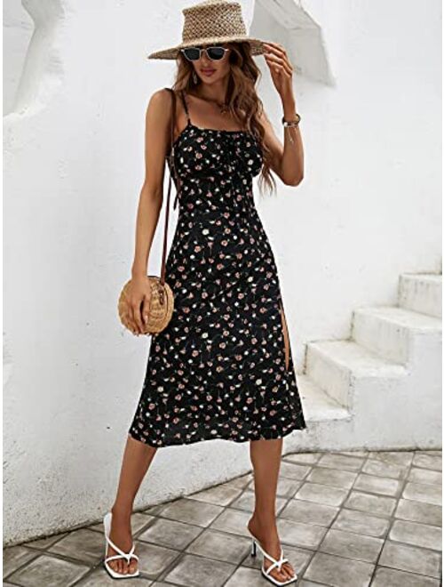 SOLY HUX Women's Summer Ditsy Floral Print Tie Front Split Hem Cami Dress Spaghetti Strap Midi Dresses