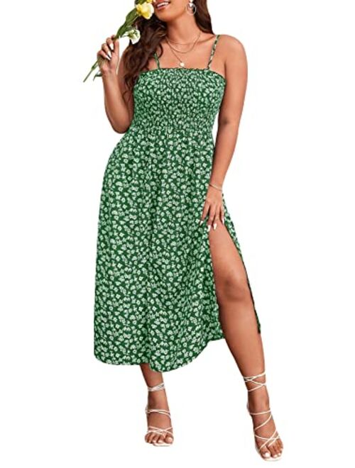 SOLY HUX Summer Dresses for Women Plus Size Ditsy Floral Print Shirred Split Hem Cami Dress