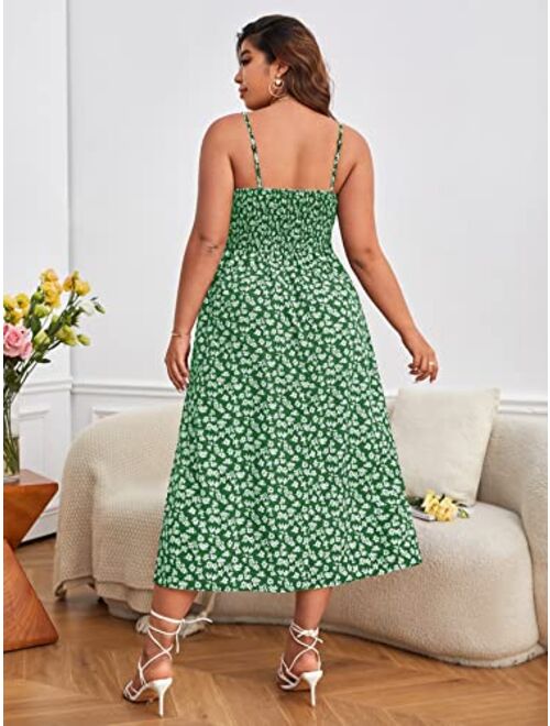 SOLY HUX Summer Dresses for Women Plus Size Ditsy Floral Print Shirred Split Hem Cami Dress