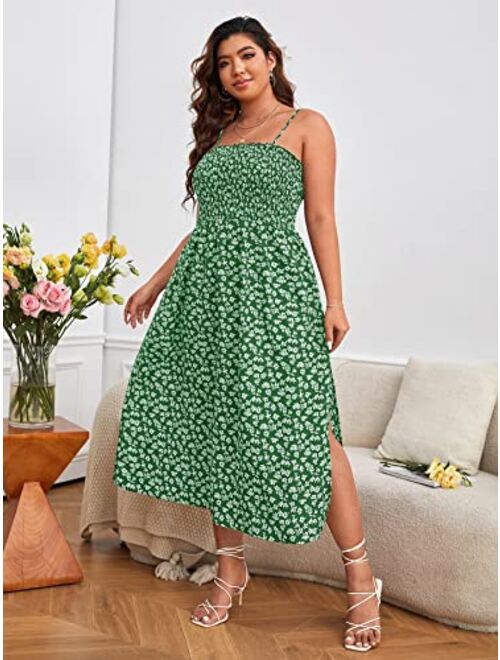 SOLY HUX Summer Dresses for Women Plus Size Ditsy Floral Print Shirred Split Hem Cami Dress