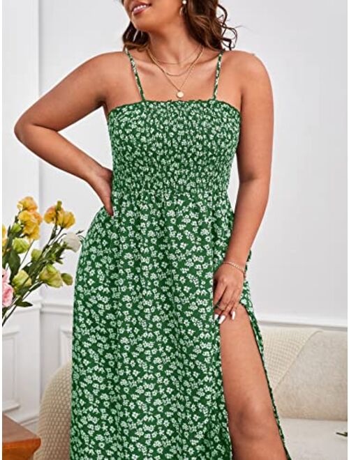 SOLY HUX Summer Dresses for Women Plus Size Ditsy Floral Print Shirred Split Hem Cami Dress