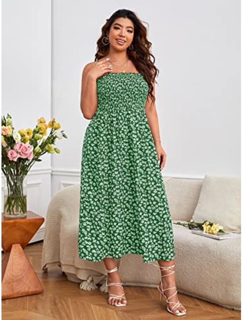 SOLY HUX Summer Dresses for Women Plus Size Ditsy Floral Print Shirred Split Hem Cami Dress