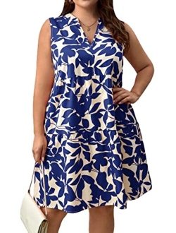 Women's Summer Boho Print Notched V Neck Sleeveless Ruffle Hem Loose Dress