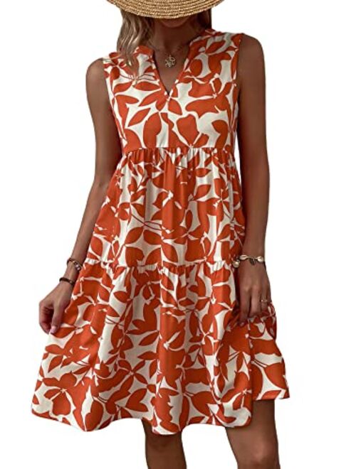 SOLY HUX Women's Summer Boho Print Notched V Neck Sleeveless Ruffle Hem Loose Dress