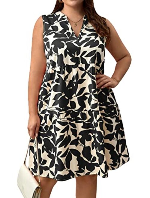 SOLY HUX Women's Summer Boho Print Notched V Neck Sleeveless Ruffle Hem Loose Dress