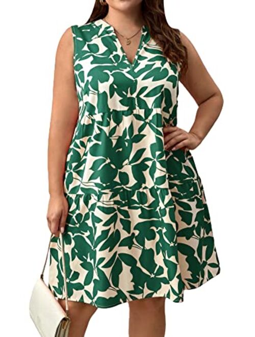 SOLY HUX Women's Summer Boho Print Notched V Neck Sleeveless Ruffle Hem Loose Dress