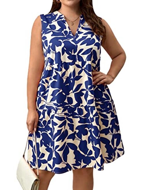 SOLY HUX Women's Summer Boho Print Notched V Neck Sleeveless Ruffle Hem Loose Dress