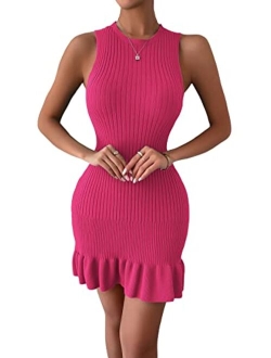 Women's Sleeveless Bodycon Dress Ribbed Knit Ruffle Hem Slim Fit Ruched Stretchy Mini Tank Dresses