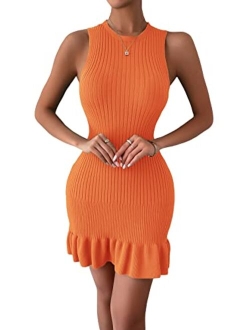 Women's Sleeveless Bodycon Dress Ribbed Knit Ruffle Hem Slim Fit Ruched Stretchy Mini Tank Dresses