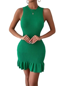 Women's Sleeveless Bodycon Dress Ribbed Knit Ruffle Hem Slim Fit Ruched Stretchy Mini Tank Dresses