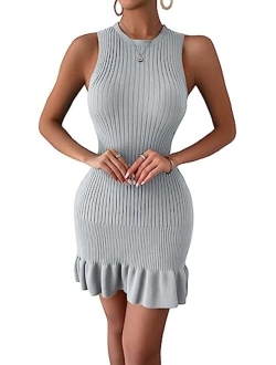 Women's Sleeveless Bodycon Dress Ribbed Knit Ruffle Hem Slim Fit Ruched Stretchy Mini Tank Dresses