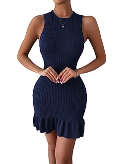 Women's Sleeveless Bodycon Dress Ribbed Knit Ruffle Hem Slim Fit Ruched Stretchy Mini Tank Dresses