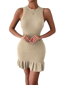 Women's Sleeveless Bodycon Dress Ribbed Knit Ruffle Hem Slim Fit Ruched Stretchy Mini Tank Dresses