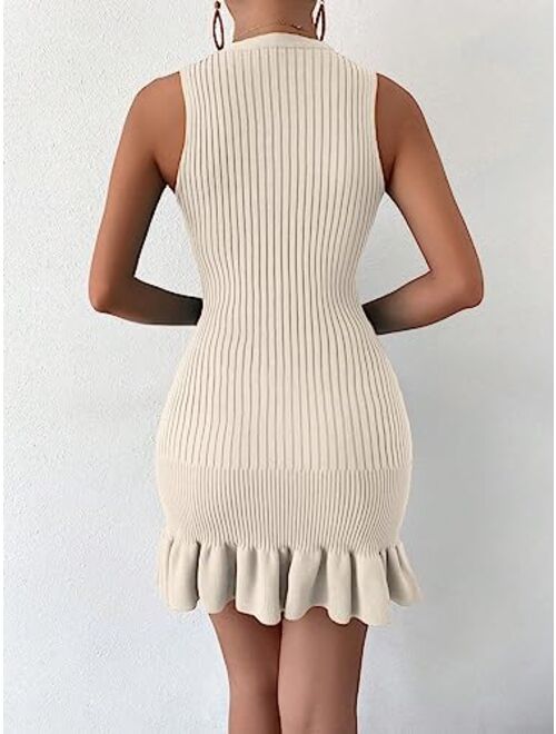 SOLY HUX Women's Sleeveless Bodycon Dress Ribbed Knit Ruffle Hem Slim Fit Ruched Stretchy Mini Tank Dresses