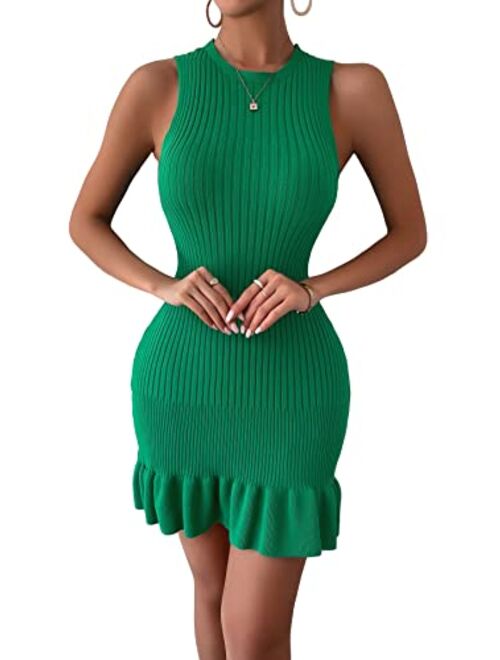 SOLY HUX Women's Sleeveless Bodycon Dress Ribbed Knit Ruffle Hem Slim Fit Ruched Stretchy Mini Tank Dresses