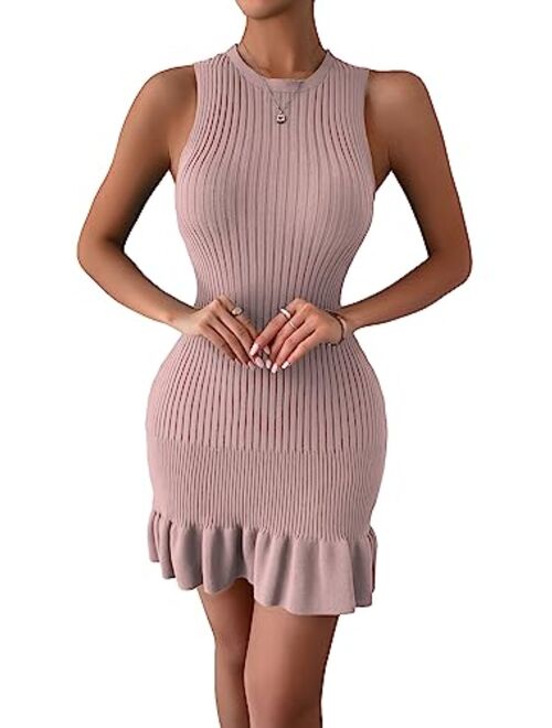 SOLY HUX Women's Sleeveless Bodycon Dress Ribbed Knit Ruffle Hem Slim Fit Ruched Stretchy Mini Tank Dresses