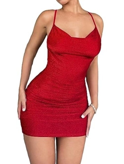 Women's Cowl Neck Criss Cross Tie Backless Metallic Bodycon Cami Dress Party Club Mini Dresses