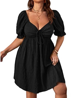 Womens Plus Size Summer Dresses Sweetheart Neck Puff Short Sleeve Tie Swing A Line Midi Dress