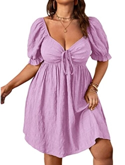 Womens Plus Size Summer Dresses Sweetheart Neck Puff Short Sleeve Tie Swing A Line Midi Dress