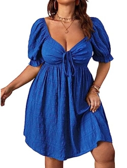 Womens Plus Size Summer Dresses Sweetheart Neck Puff Short Sleeve Tie Swing A Line Midi Dress