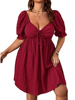 Womens Plus Size Summer Dresses Sweetheart Neck Puff Short Sleeve Tie Swing A Line Midi Dress