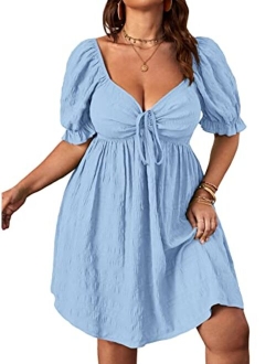 Womens Plus Size Summer Dresses Sweetheart Neck Puff Short Sleeve Tie Swing A Line Midi Dress