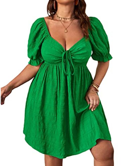 SOLY HUX Womens Plus Size Summer Dresses Sweetheart Neck Puff Short Sleeve Tie Swing A Line Midi Dress