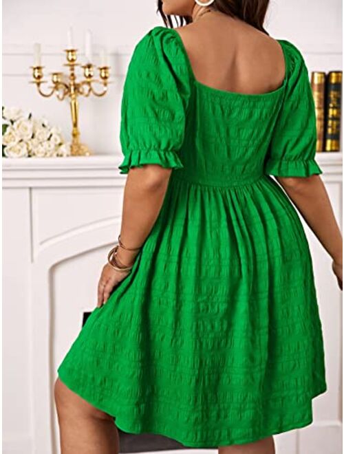 SOLY HUX Womens Plus Size Summer Dresses Sweetheart Neck Puff Short Sleeve Tie Swing A Line Midi Dress