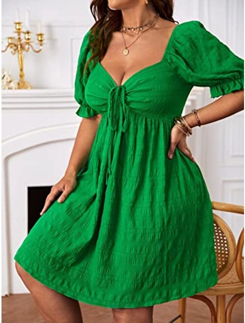 SOLY HUX Womens Plus Size Summer Dresses Sweetheart Neck Puff Short Sleeve Tie Swing A Line Midi Dress