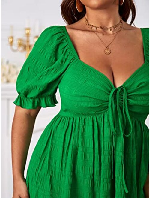 SOLY HUX Womens Plus Size Summer Dresses Sweetheart Neck Puff Short Sleeve Tie Swing A Line Midi Dress