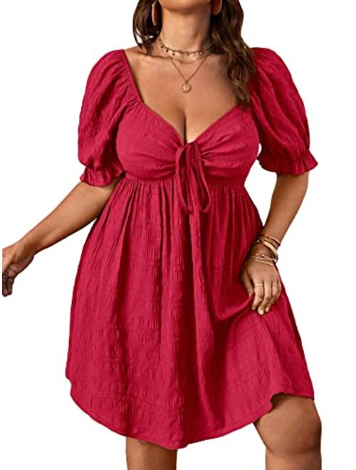 SOLY HUX Womens Plus Size Summer Dresses Sweetheart Neck Puff Short Sleeve Tie Swing A Line Midi Dress