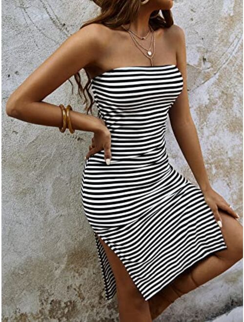 SOLY HUX Women's Strapless Striped Tube Dresses Casual Summer Sun Dress Split Thigh Bodycon Midi Dresses