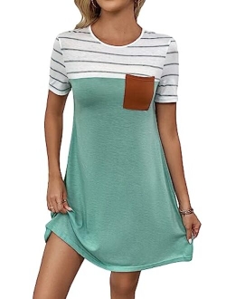 Women's Striped Short Sleeve Tshirt Dresses Colorblock Button Summer Dress