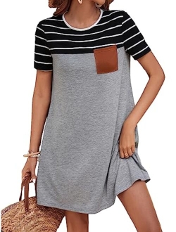 Women's Striped Short Sleeve Tshirt Dresses Colorblock Button Summer Dress