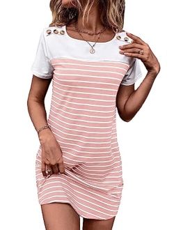 Women's Striped Short Sleeve Tshirt Dresses Colorblock Button Summer Dress