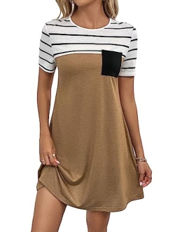 Women's Striped Short Sleeve Tshirt Dresses Colorblock Button Summer Dress