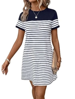 Women's Striped Short Sleeve Tshirt Dresses Colorblock Button Summer Dress