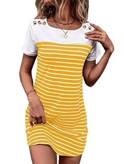 Women's Striped Short Sleeve Tshirt Dresses Colorblock Button Summer Dress