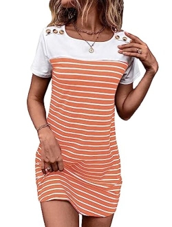 Women's Striped Short Sleeve Tshirt Dresses Colorblock Button Summer Dress