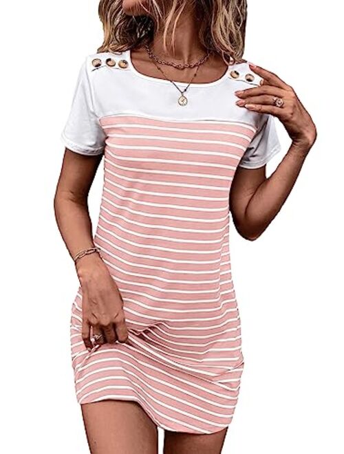 SOLY HUX Women's Striped Short Sleeve Tshirt Dresses Colorblock Button Summer Dress