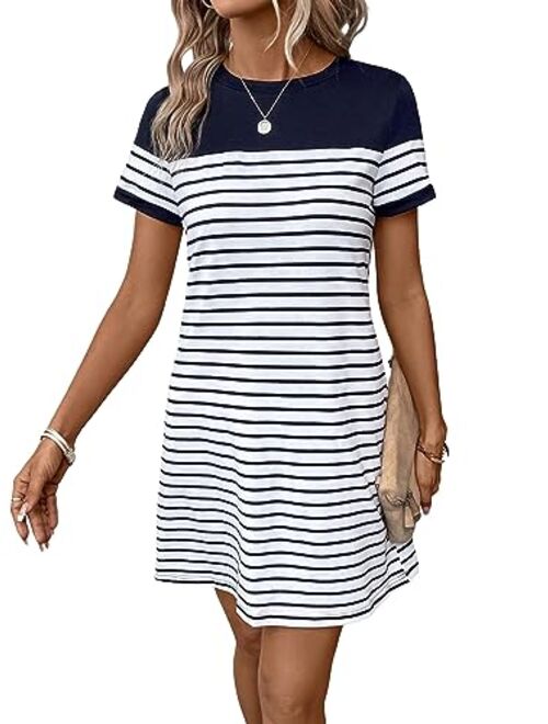 SOLY HUX Women's Striped Short Sleeve Tshirt Dresses Colorblock Button Summer Dress