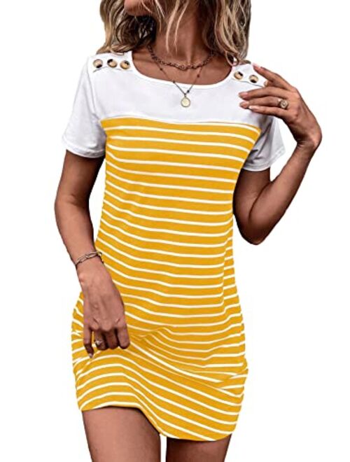 SOLY HUX Women's Striped Short Sleeve Tshirt Dresses Colorblock Button Summer Dress