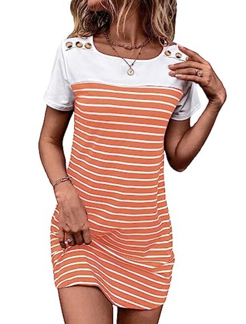 SOLY HUX Women's Striped Short Sleeve Tshirt Dresses Colorblock Button Summer Dress