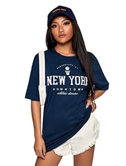 Women's Graphic Oversized Tees Letter Print Summer Tops Vintage Half Sleeve Loose Casual T Shirts