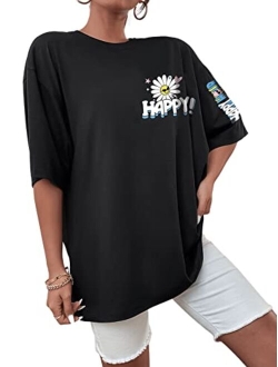 Women's Graphic Oversized Tees Letter Print Summer Tops Vintage Half Sleeve Loose Casual T Shirts