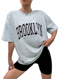 Women's Graphic Oversized Tees Letter Print Summer Tops Vintage Half Sleeve Loose Casual T Shirts