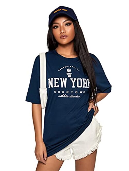 SOLY HUX Women's Graphic Oversized Tees Letter Print Summer Tops Vintage Half Sleeve Loose Casual T Shirts