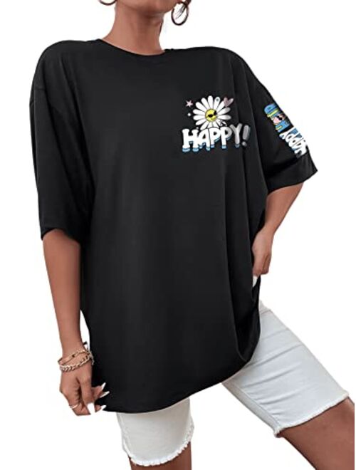 SOLY HUX Women's Graphic Oversized Tees Letter Print Summer Tops Vintage Half Sleeve Loose Casual T Shirts